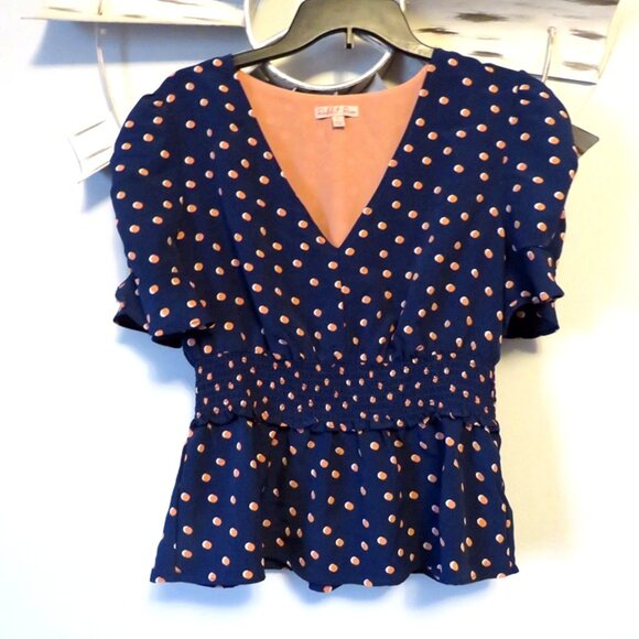 Cute Rabbit‎ Rose Poplum Style Top Navy with Orange White Polka Dot Size Large - Picture 1 of 7